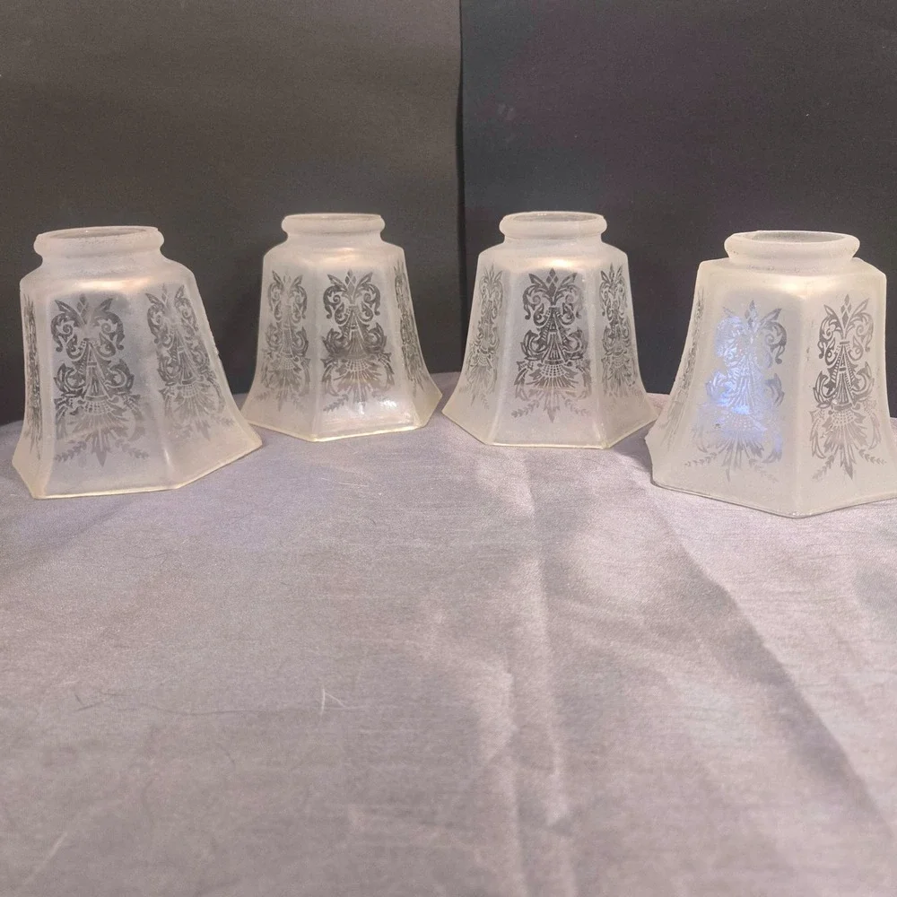 Art Deco Frosted‎ Etched Glass Lamp Shades Set of 4 Hexagonal Vintage 1930s